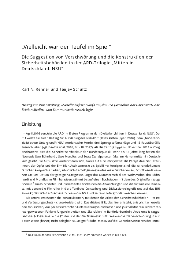 First page of “„Vielleicht war der Teufel im Spiel“: Die Suggestion von Verschwörung und die Konstruktion der Sicherheitsbehörden in der ARD-Trilogie „Mitten in Deutschland: NSU“”