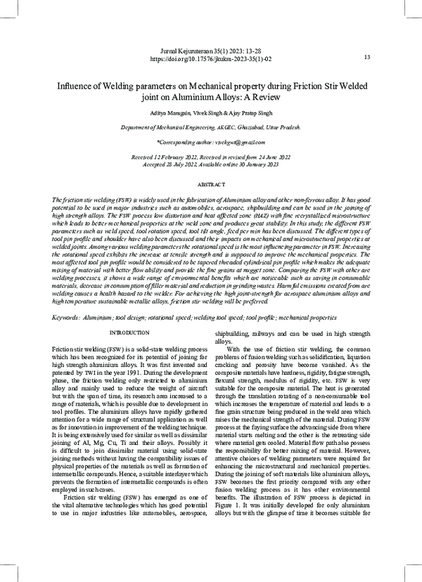 First page of “Influence of Welding parameters on Mechanical property during Friction Stir Welded joint on Aluminium Alloys: A Review”