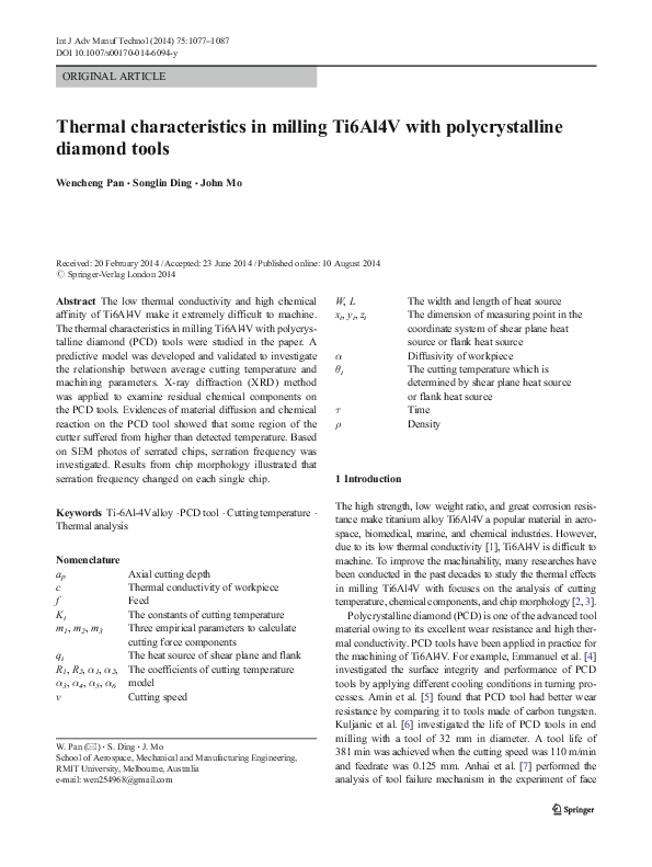 First page of “Thermal characteristics in milling Ti6Al4V with polycrystalline diamond tools”