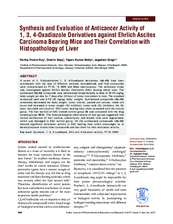 First page of “Synthesis and Evaluation of Anticancer Activity of 1, 3, 4-Oxadiazole Derivatives against Ehrlich Ascites Carcinoma Bearing Mice and Their Correlation with Histopathology of Liver”