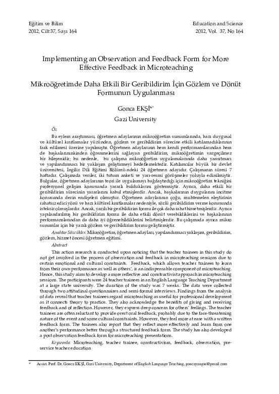 First page of “Mikroöğretimde Daha Etkili Bir Geribildirim İçin Gözlem ve Dönüt Formunun Uygulanması”