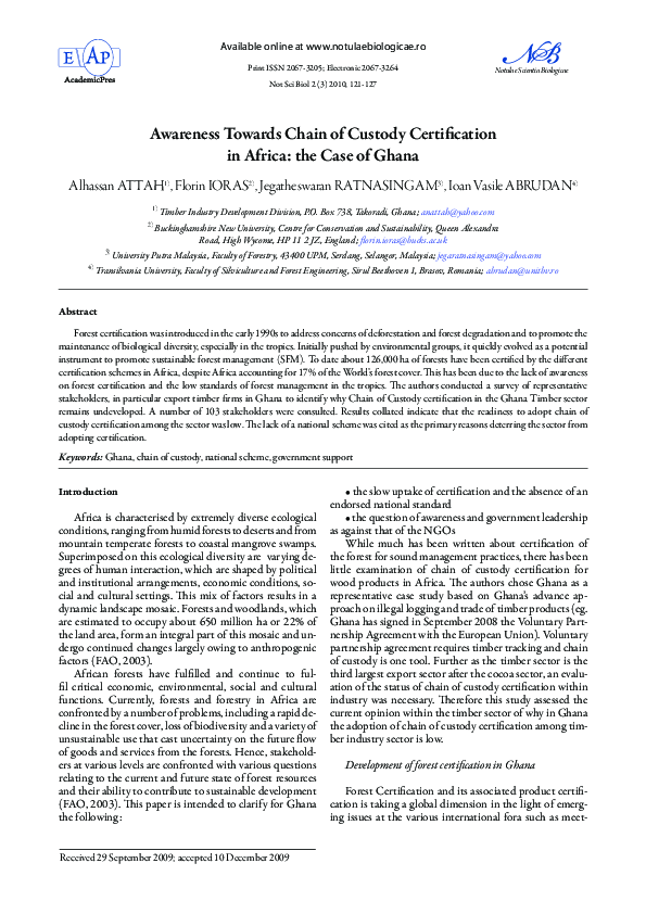 First page of “Awareness Towards Chain of Custody Certification in Africa: the Case of Ghana”