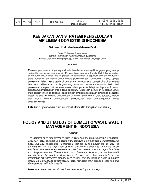 First page of “Kebijakan Dan Strategi Pengelolaanair Limbah Domestik DI Indonesia”