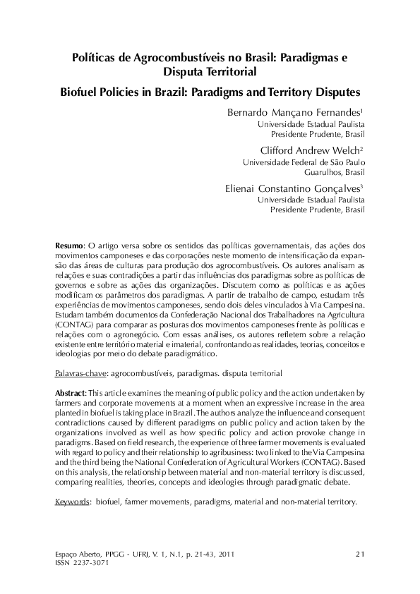 First page of “Políticas de Agrocombustíveis no Brasil: Paradigmas e Disputa Territorial”