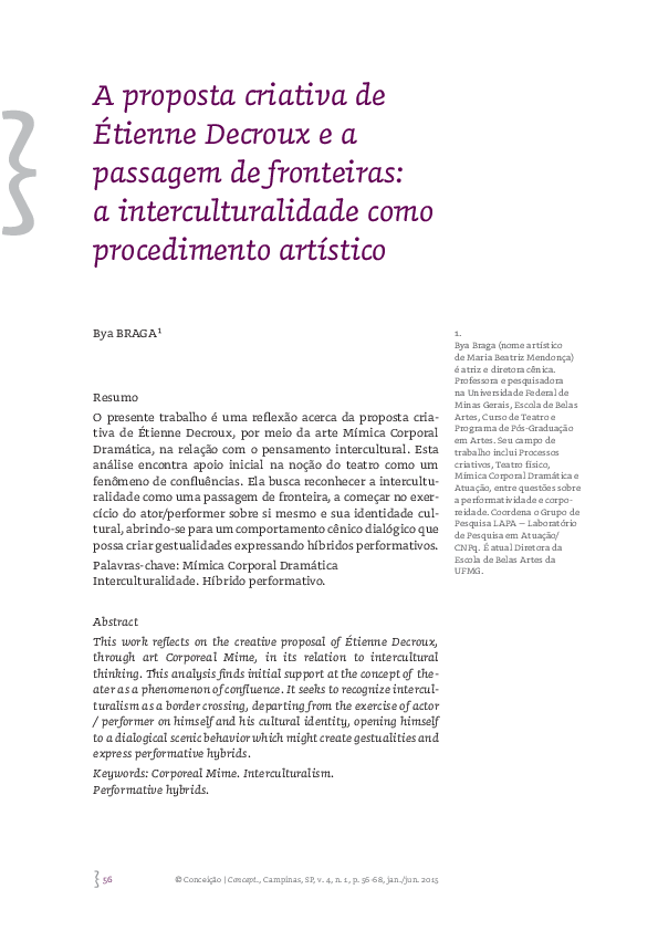 First page of “A proposta criativa de Étienne Decroux e a passagem de fronteiras: a interculturalidade como procedimento artístico”