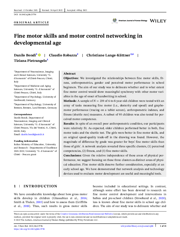 First page of “Fine motor skills and motor control networking in developmental age”