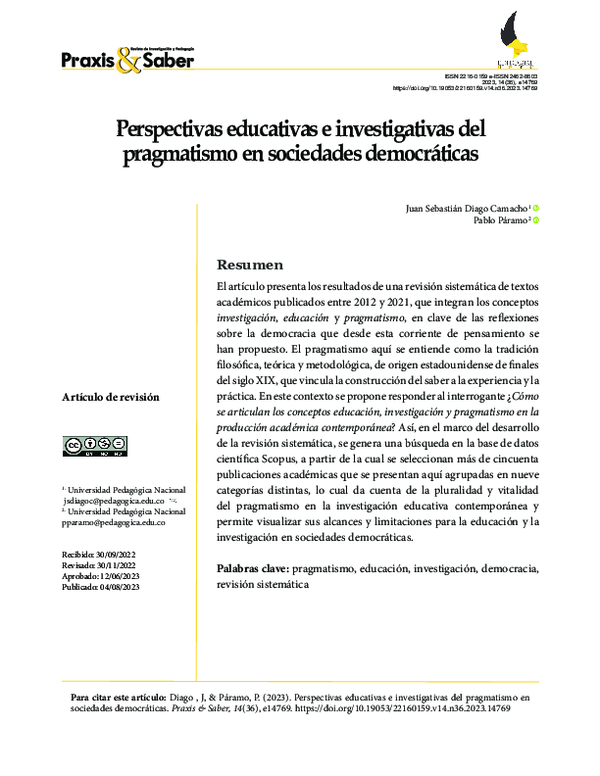 First page of “Perspectivas educativas e investigativas del pragmatismo en sociedades democráticas”