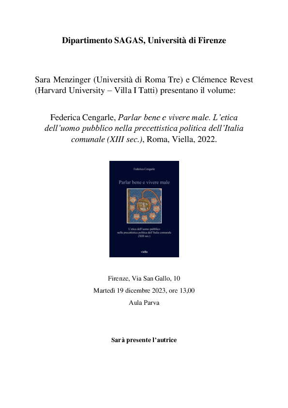 First page of “Presentazione del libro: Federica Cengarle, Parlar bene e vivere male. L’etica dell’uomo pubblico nella precettistica politica dell’Italia comunale (XIII sec.), Roma, Viella, 2022.”