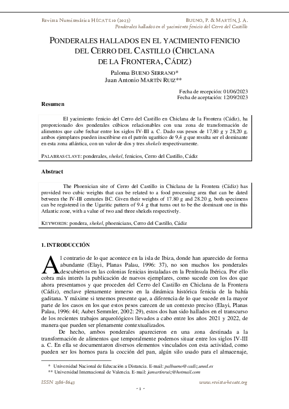 First page of “PONDERALES HALLADOS EN EL YACIMIENTO FENICIO DEL CERRO DEL CASTILLO (CHICLANA DE LA FRONTERA, CÁDIZ”