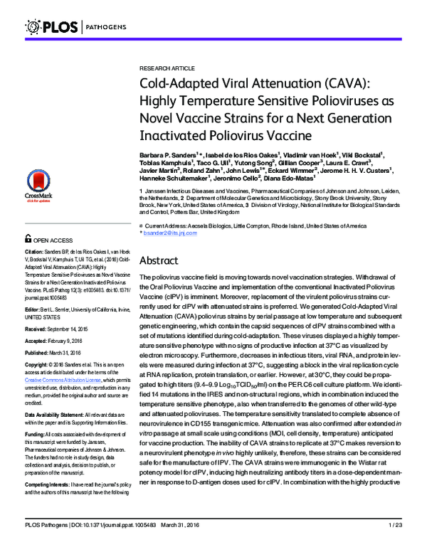 First page of “Cold-Adapted Viral Attenuation (CAVA): Highly Temperature Sensitive Polioviruses as Novel Vaccine Strains for a Next Generation Inactivated Poliovirus Vaccine”