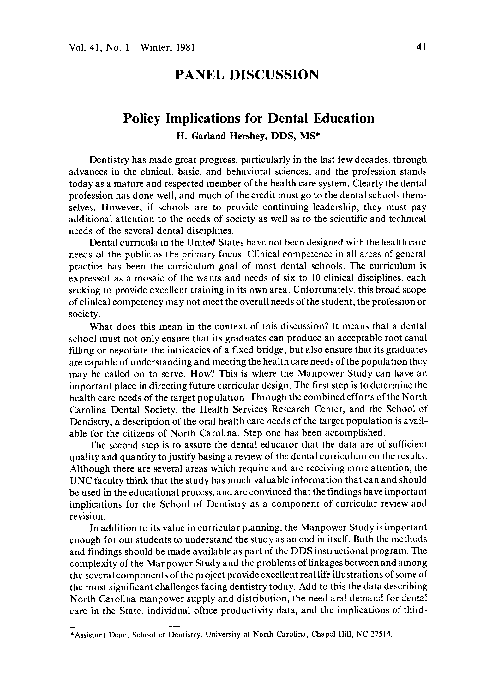 First page of “Policy Implications for Dental Education”