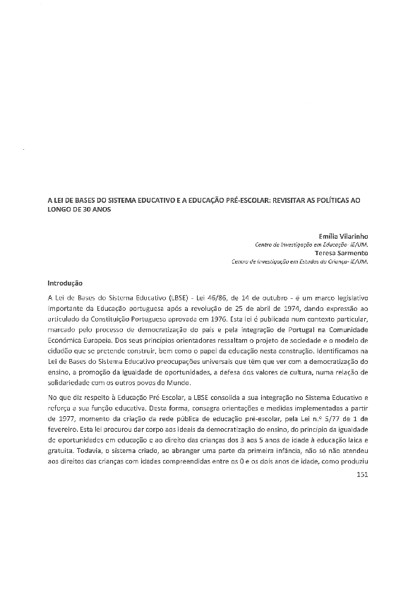 First page of “A Lei de Bases do Sistema Educativo e a Educação Pré-Escolar: revisitar as políticas ao longo de 30 anos”