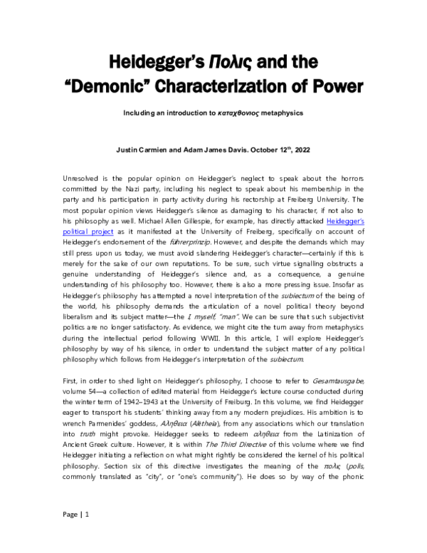 First page of “Heidegger's Πολις and the "Demonic" Characterization of Power, Including an Introduction to Καταχθονιος Metaphysics”