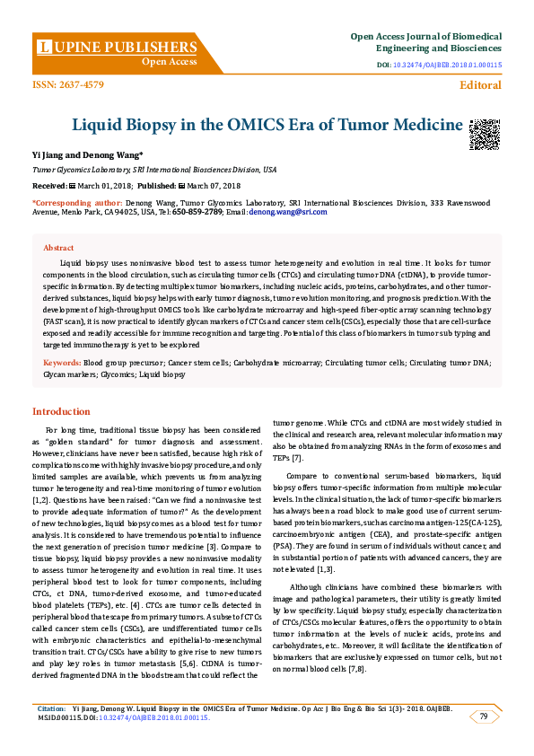 First page of “Liquid Biopsy in the OMICS Era of Tumor Medicine”