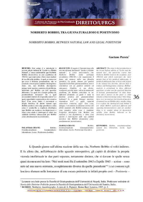 First page of “Norberto Bobbio, tra Giusnaturalismo e Positivismo”