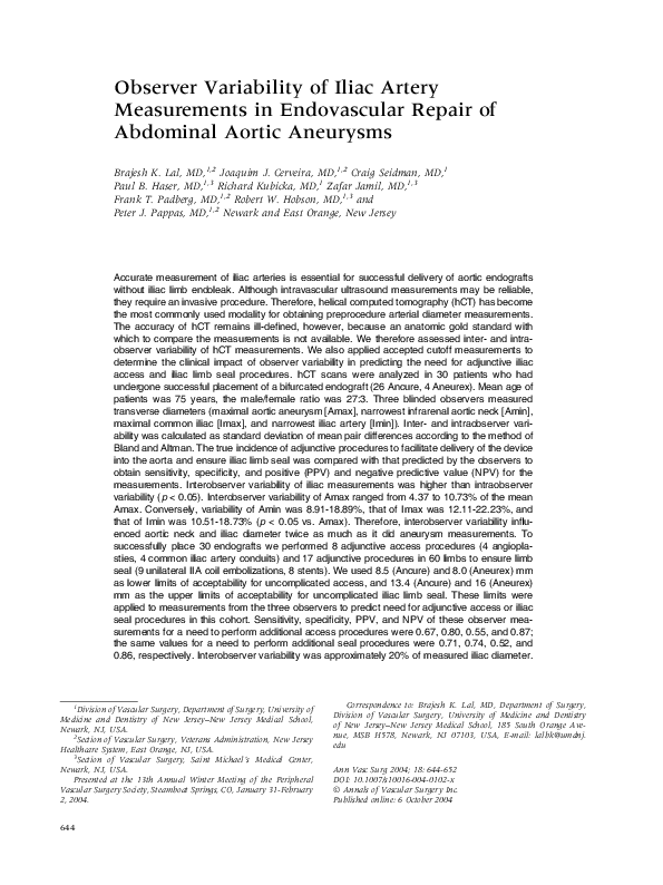 First page of “Observer Variability of Iliac Artery Measurements in Endovascular Repair of Abdominal Aortic Aneurysms”