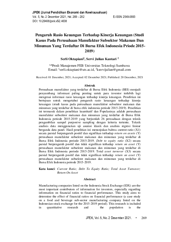 First page of “Pengaruh Rasio Keuangan Terhadap Kinerja Keuangan (Studi Kasus Pada Perusahaan Manufaktur Subsektor Makanan Dan Minuman Yang Terdaftar Di Bursa Efek Indonesia Priode 2015-2019)”