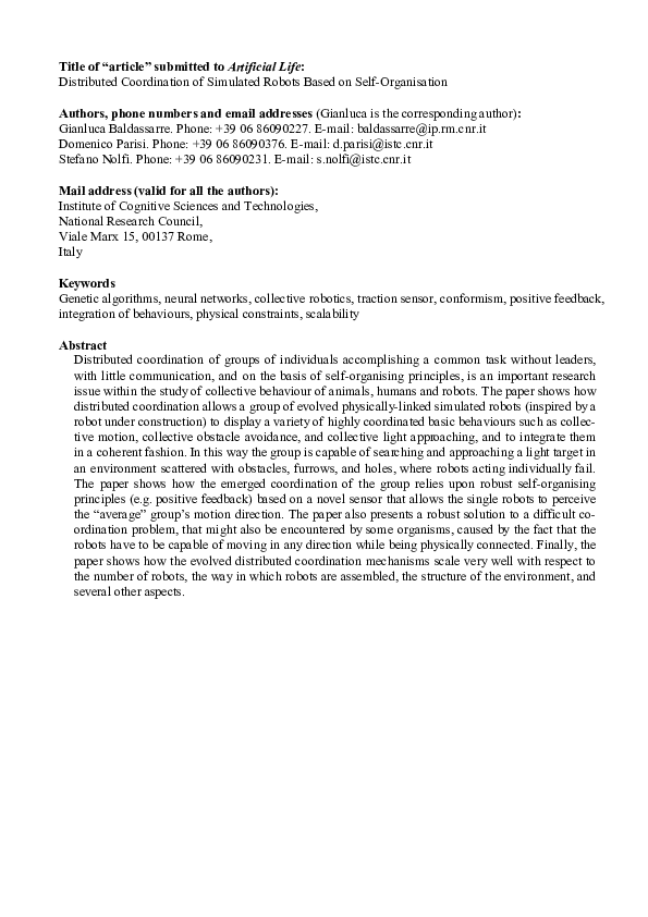 First page of “Title of “article ” submitted to Artificial Life: Distributed Coordination of Simulated Robots Based on Self-Organisation”