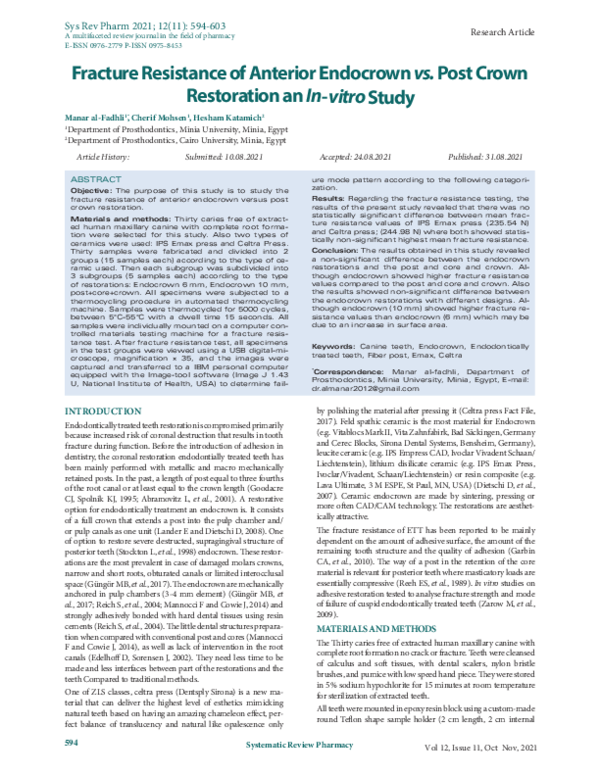 First page of “Fracture Resistance of Anterior Endocrown Vs Post Crown Restoration: An Invitro Study”