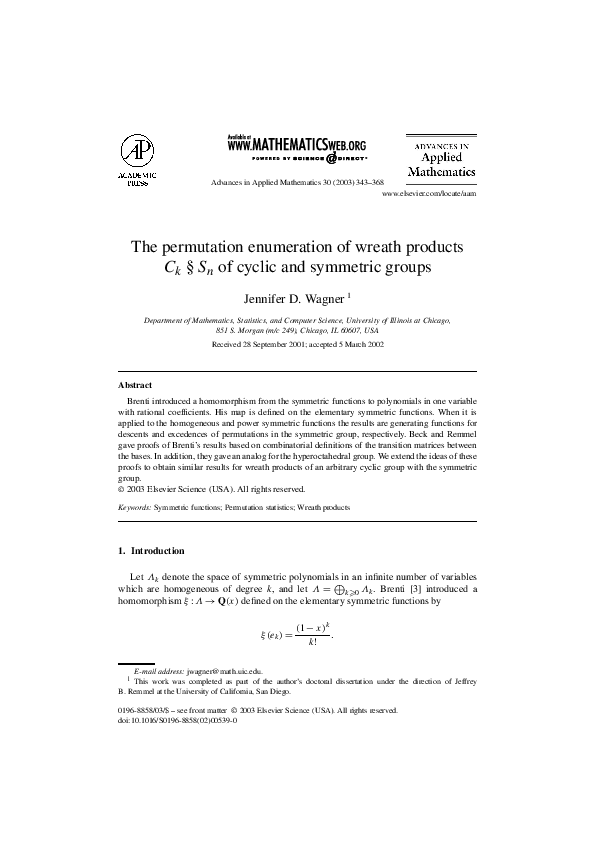 First page of “The permutation enumeration of wreath products Ck§Sn of cyclic and symmetric groups”