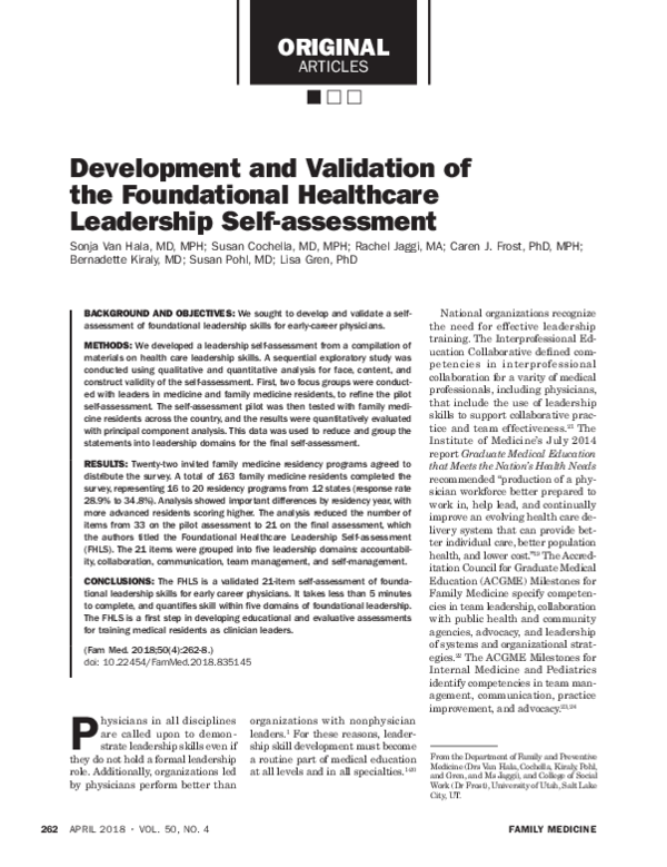 First page of “Development and Validation of the Foundational Healthcare Leadership Self-assessment”