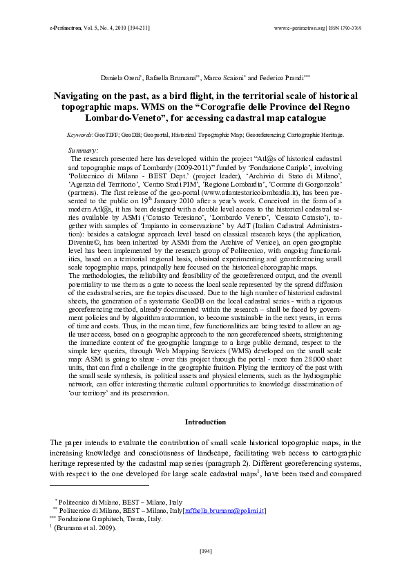 First page of “Navigating on the past, as a bird flight, at the territorial scale of historical topographic maps. WMS on the "Corografie delle Province del Regno Lombardo-Veneto”, for accessing cadastral map catalogue”