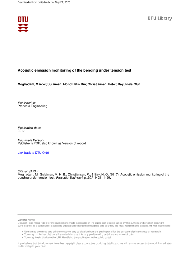 First page of “Acoustic emission monitoring of the bending under tension test”