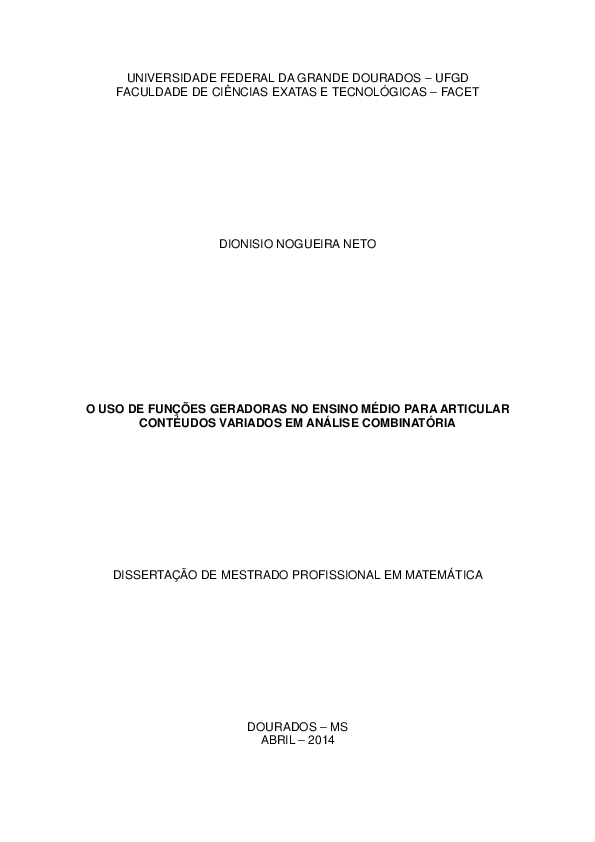 First page of “O Uso de Funções Geradoras no Ensino Médio para Articular Conteúdos Variados em Análise Combinatória”