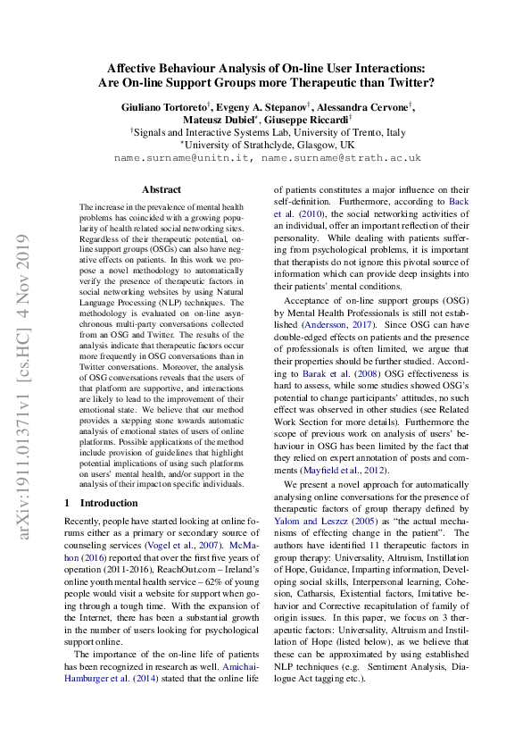 First page of “Affective Behaviour Analysis of On-line User Interactions: Are On-line Support Groups More Therapeutic than Twitter?”