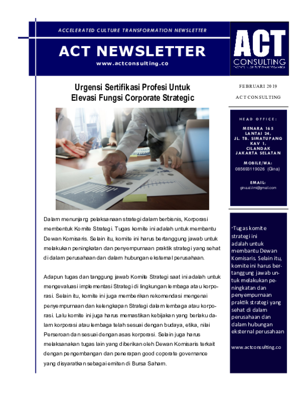 First page of “ACT NEWS 05 2019 - Urgensi Sertifikasi Profesi Untuk Elevasi Fungsi Komite Strategic dan GCG.pdf”