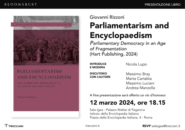 First page of “Discussione del libro "Parliamentarism and Encyclopaedism. Parliamentary Democracy in an Age of Fragmentation" (Hart Publishing, 2024), Treccani, 12 marzo 2024, h. 18,15”