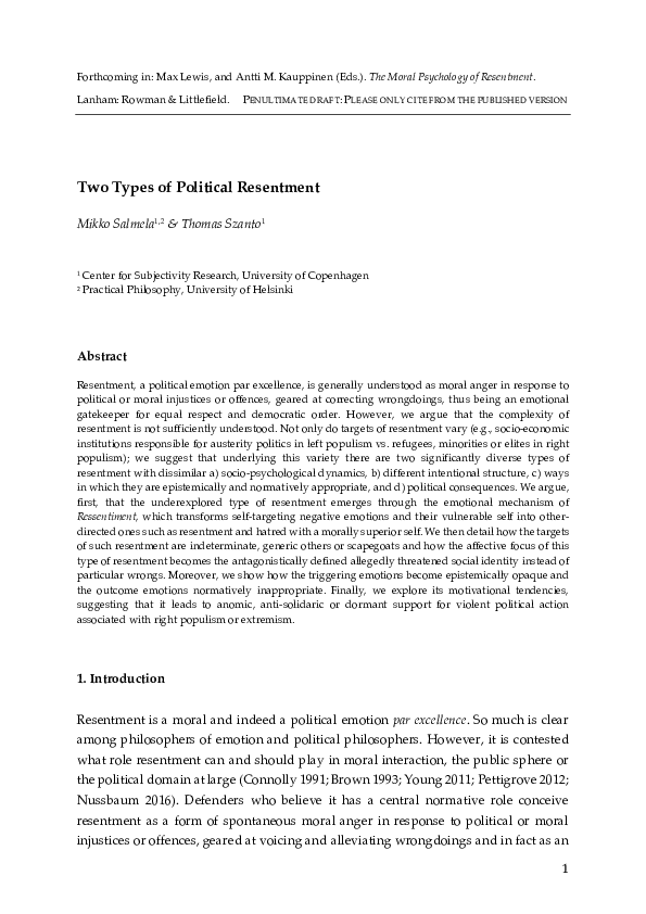 First page of “Two Types of Political Resentment”