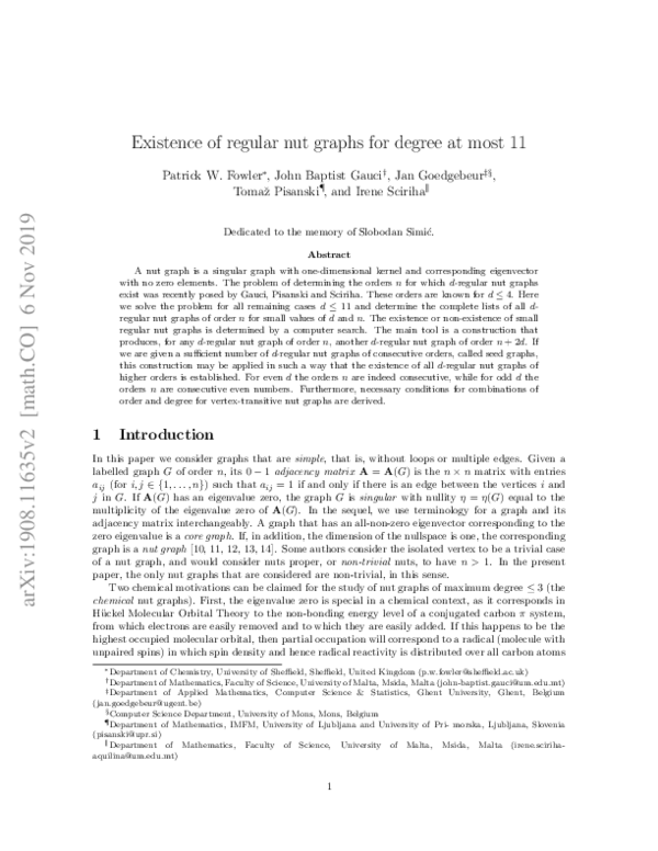 First page of “Existence of regular nut graphs for degree at most 11”