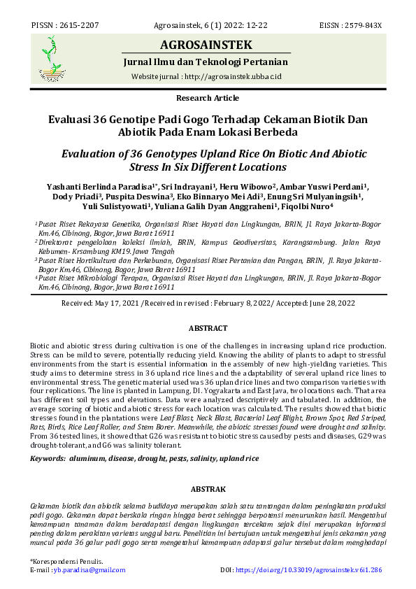 First page of “Evaluasi 36 Genotipe Padi Gogo Terhadap Cekaman Biotik Dan Abiotik Pada Enam Lokasi Berbeda”