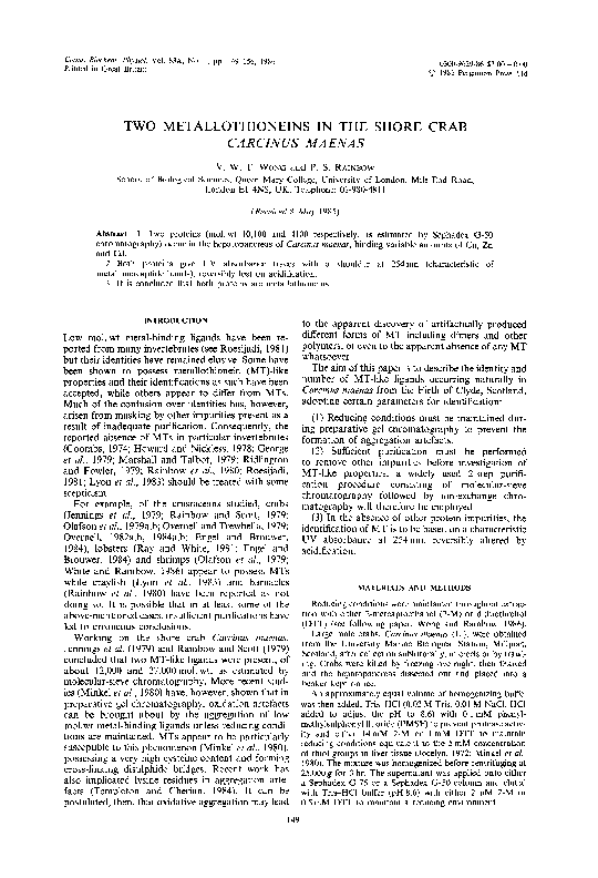 First page of “Two metallothioneins in the shore crab Carcinus maenas”