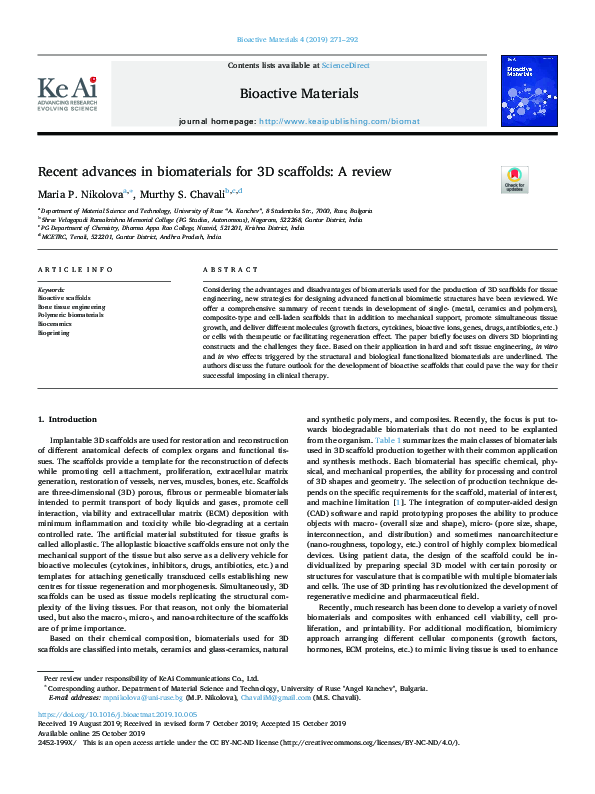 First page of “Recent advances in biomaterials for 3D scaffolds: A review”