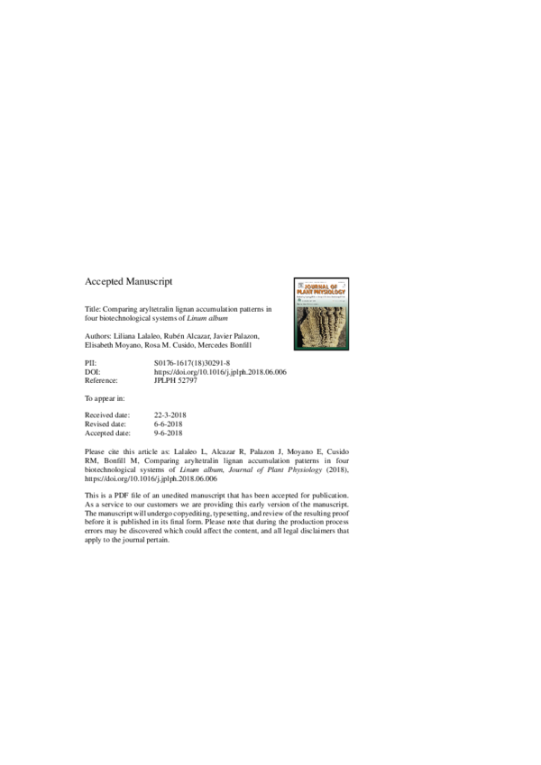 First page of “Comparing aryltetralin lignan accumulation patterns in four biotechnological systems of Linum album”