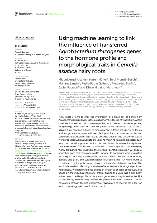 First page of “Using machine learning to link the influence of transferred Agrobacterium rhizogenes genes to the hormone profile and morphological traits in Centella asiatica hairy roots”