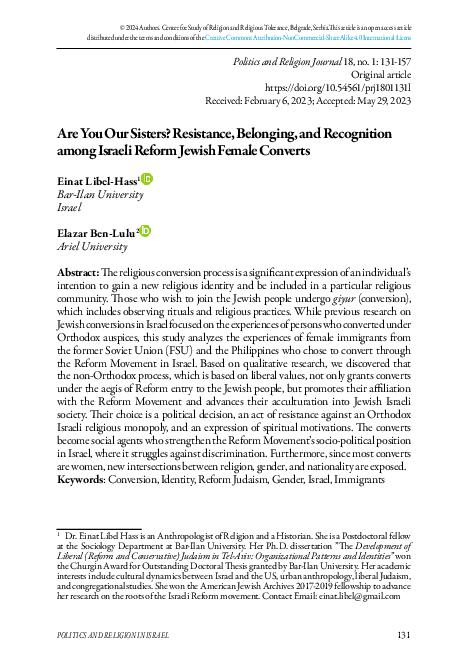 First page of “Are You Our Sisters? Resistance, Belonging, and Recognition among Israeli Reform Jewish Female Converts”