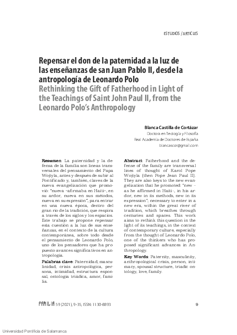 First page of “Repensar el don de la paternidad a la luz de las enseñanzas de san Juan Pablo II, desde la antropología de Leonardo Polo”