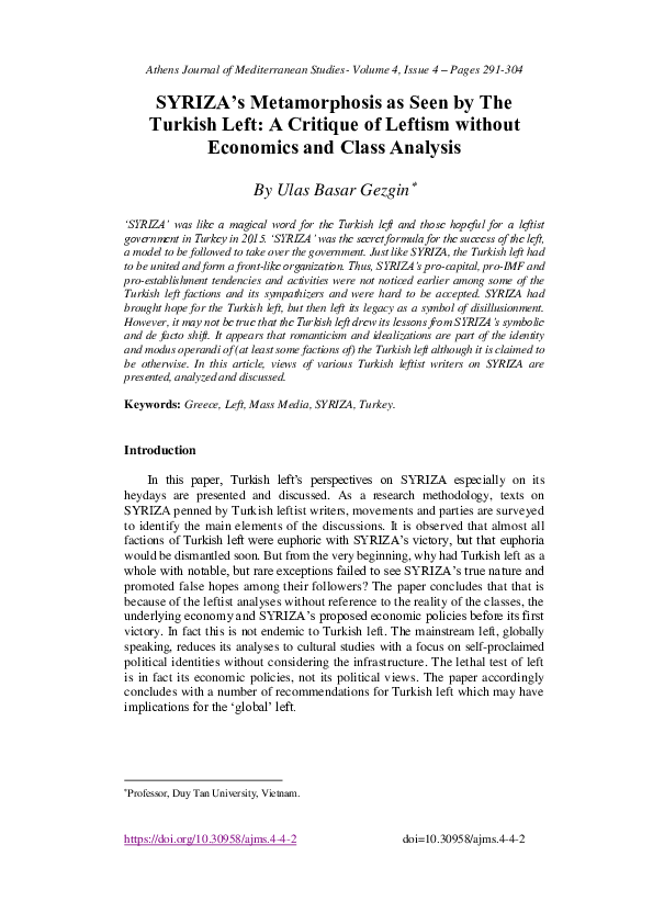 First page of “SYRIZA’s Metamorphosis as Seen by The Turkish Left: A Critique of Leftism without Economics and Class Analysis”