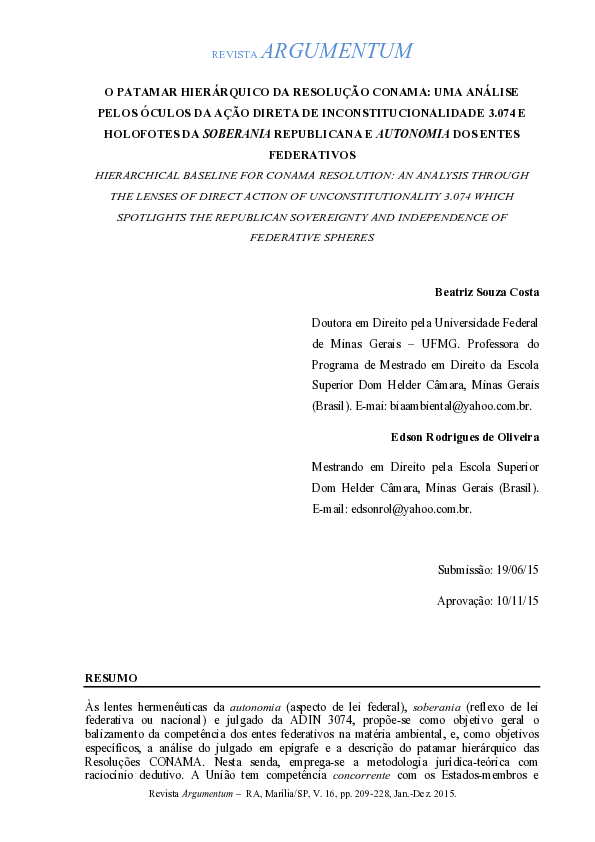 First page of “O Patamar Hierárquico Da Resolução Conama: Uma Análise Pelos Óculos Da Ação Direta De Inconstitucionalidade 3.074 e Holofotes Da Soberania Republicana e Autonomia Dos Entes Federativos”