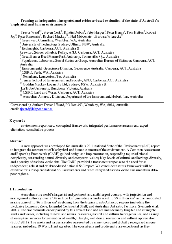 First page of “Framing an independent, integrated and evidence-based evaluation of the state of Australia’s biophysical and human environments”