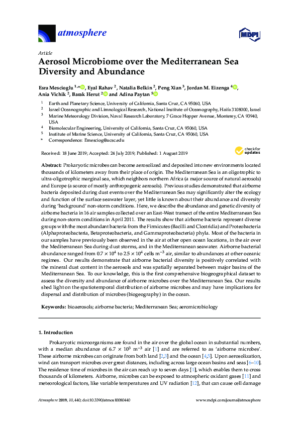 First page of “Aerosol Microbiome over the Mediterranean Sea Diversity and Abundance”