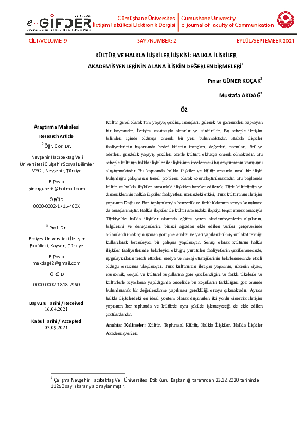 First page of “Relationship with Culture and Public Relations: Evaluations of Public Relations Academics About the Field”