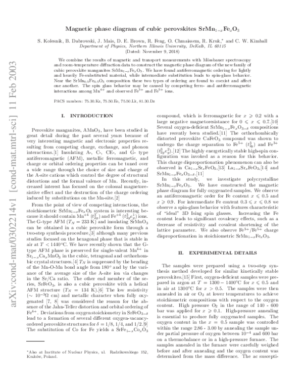 First page of “Magnetic phase diagram of cubic perovskitesSrMn1−xFexO3”