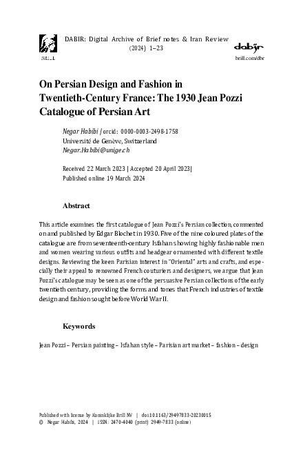 First page of “On Persian Design and Fashion in Twentieth-Century France: The 1930 Jean Pozzi Catalogue of Persian Art”