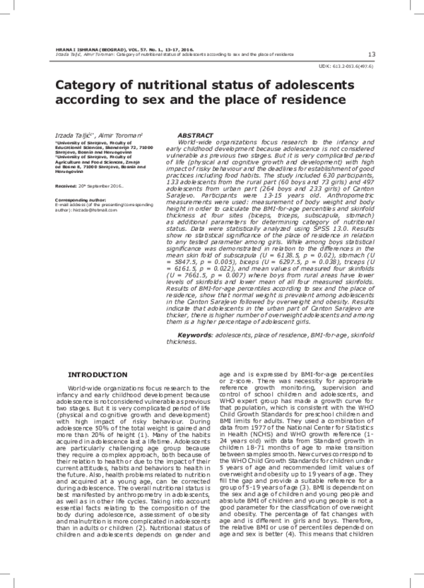 First page of “Category of nutritional status of adolescents according to sex and the place of residence”