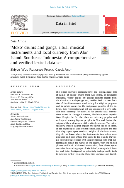 First page of “'Moko' Drums and Gongs, Ritual Musical Instruments and Local Currency from Alor Island, Southeast Indonesia: A Comprehensive and Verified Lexical Data Set”