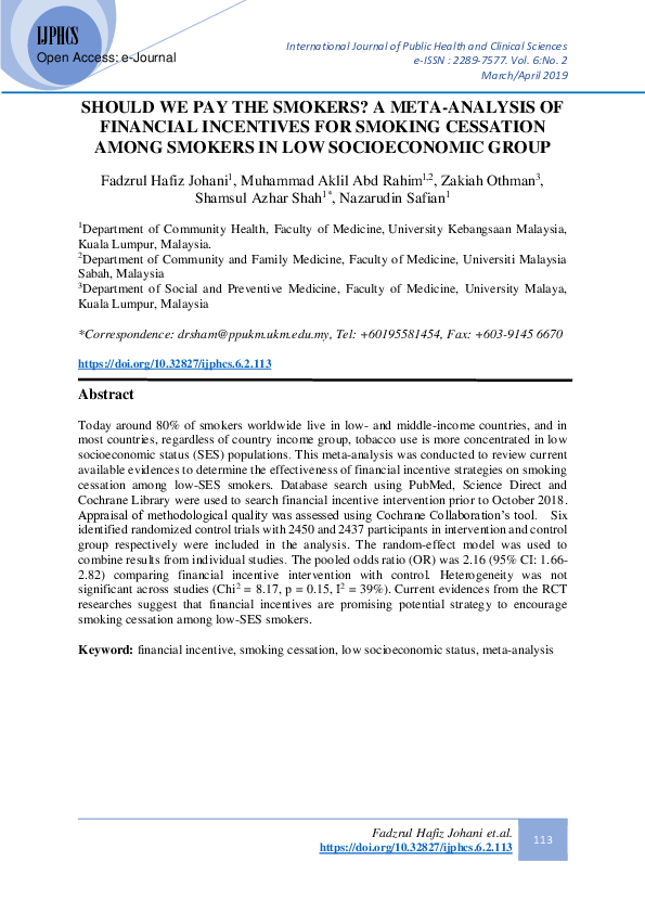 First page of “Should We Pay the Smokers? A Meta-Analysis of Financial Incentives for Smoking Cessation Among Smokers in Low Socioeconomic Group”